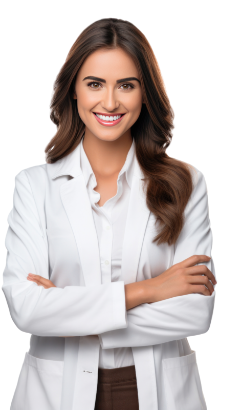 A professional female physician, specializing in medical marijuana, is depicted in a clinical setting, exuding confidence and expertise. She stands poised, wearing a white lab coat that signifies her medical authority, with a stethoscope draped around her neck, symbolizing her commitment to patient care. Her expression is compassionate yet focused, reflecting her dedication to providing alternative treatments through medical marijuana. The background, subtly blurred, hints at a well-organized medical office, equipped with the tools of her trade. This image portrays the physician as a pivotal figure in bridging conventional medicine with the therapeutic potentials of cannabis, offering hope and relief to patients seeking alternative healing paths.